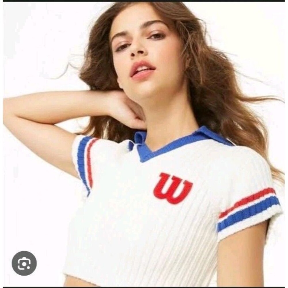 FOREVER 21 x WILSON Logo Knitted Cropped Top L White